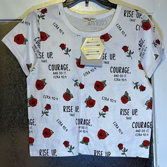 NWT Good Vibes Only Women’s white and red floral Ezra 10:4 quote T-shirt M - Picture 1 of 6